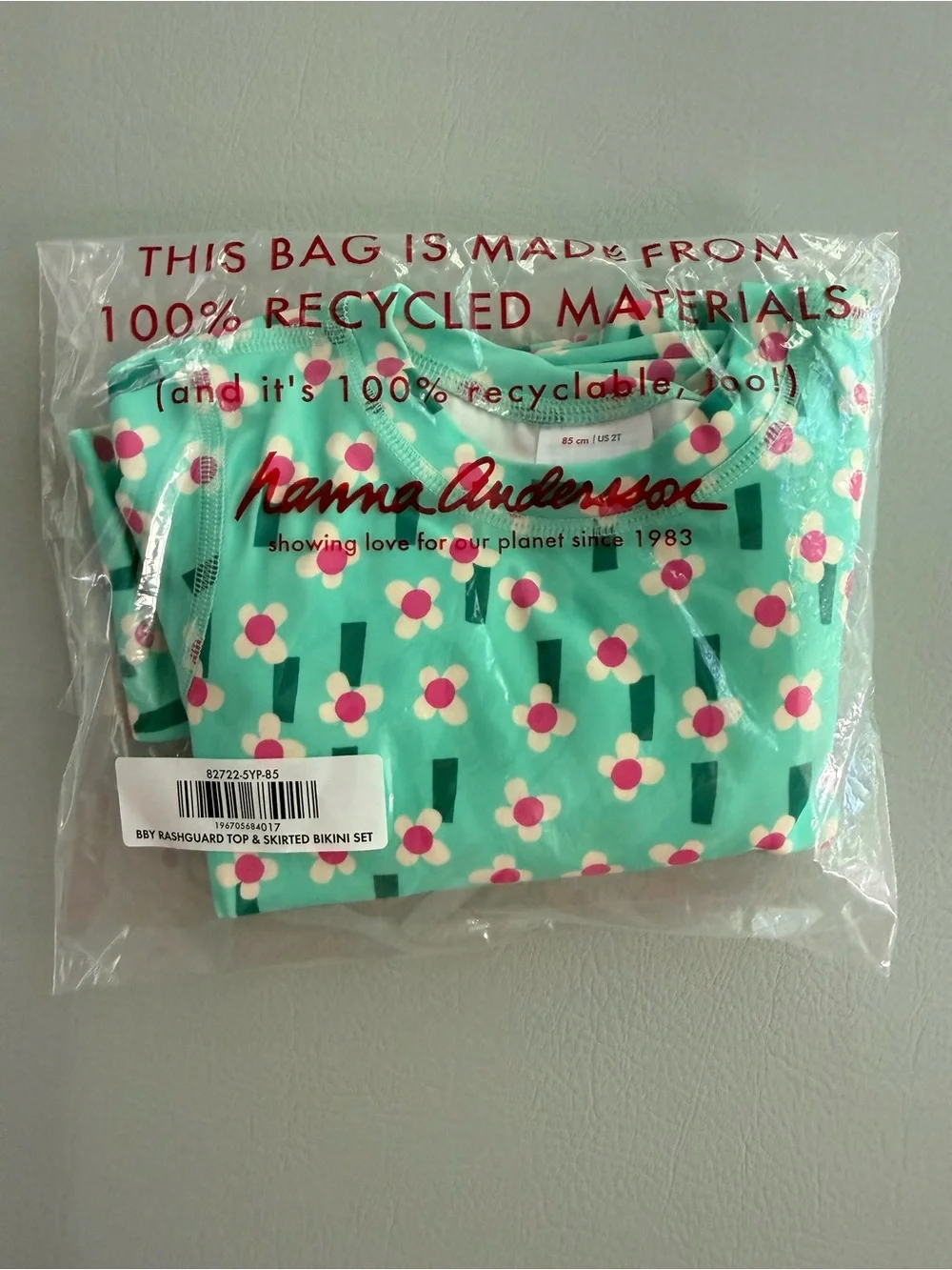 Hanna Andersson Rashguard & Skirted Bikini Bottoms Set Flowers on Green 2T - New